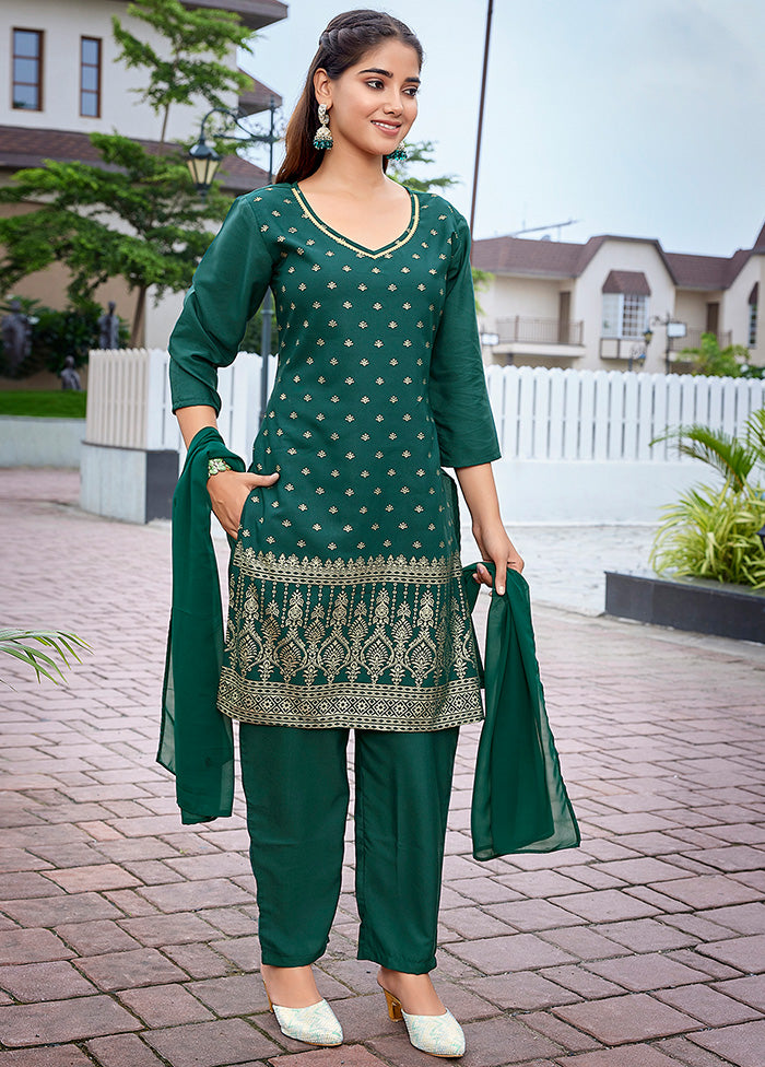 3 Pc Bottle Green Readymade Silk Suit Set