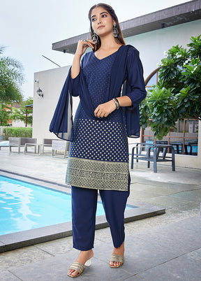 3 Pc Navy Blue Readymade Silk Suit Set