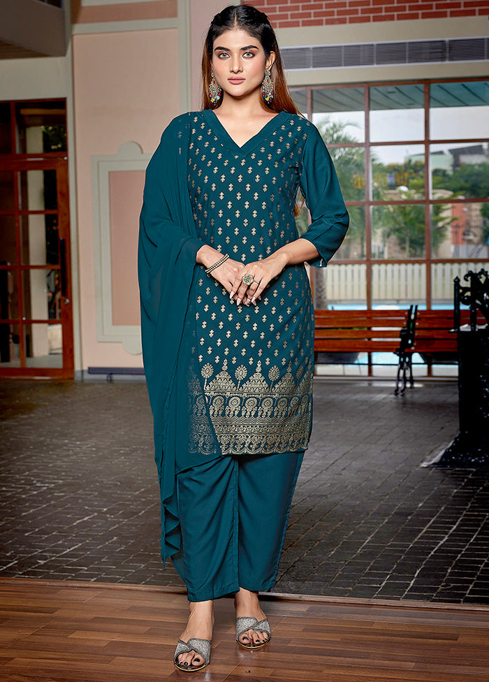 3 Pc Teal Green Readymade Silk Suit Set