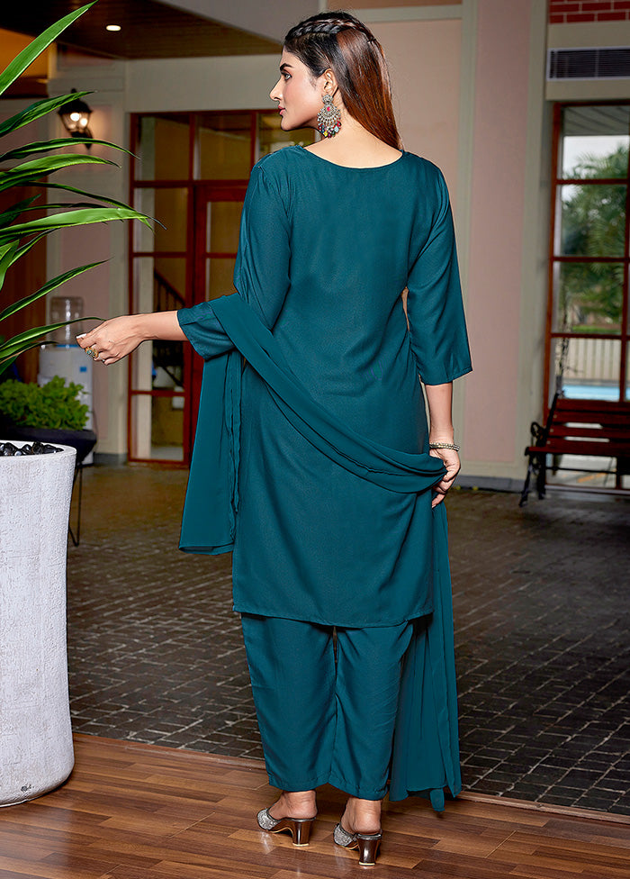 3 Pc Teal Green Readymade Silk Suit Set