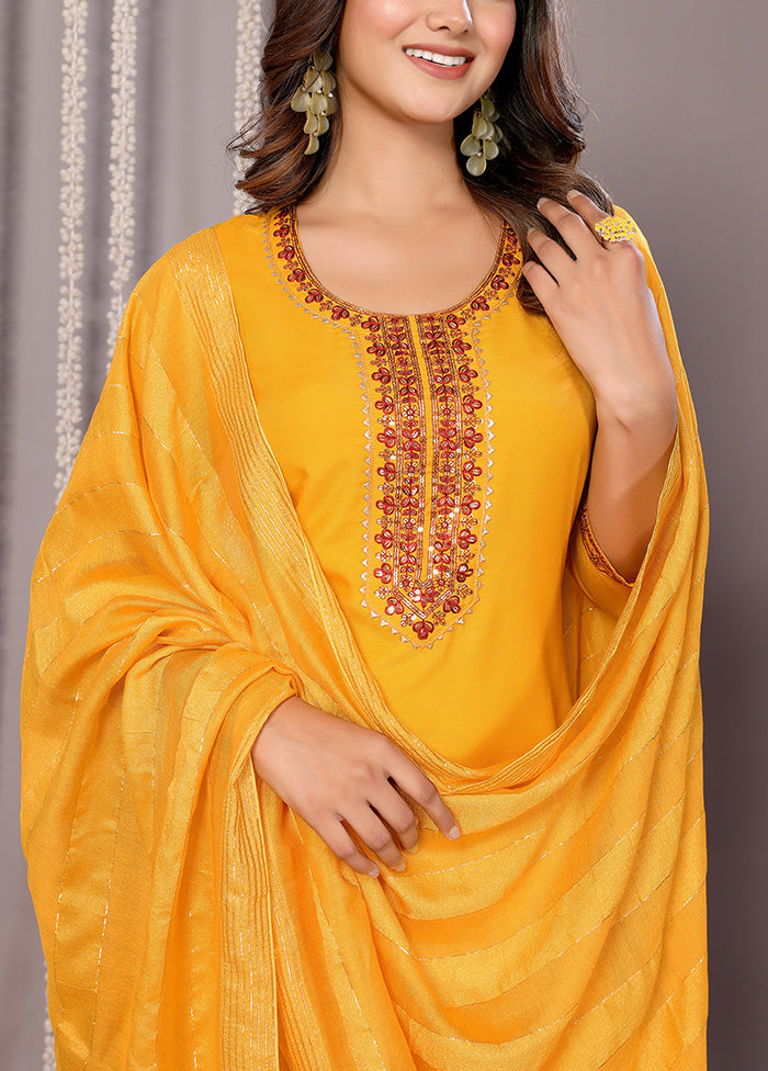 3 Pc Mustard Readymade Cotton Suit Set