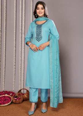 3 Pc Turquoise Blue Readymade Cotton Suit Set