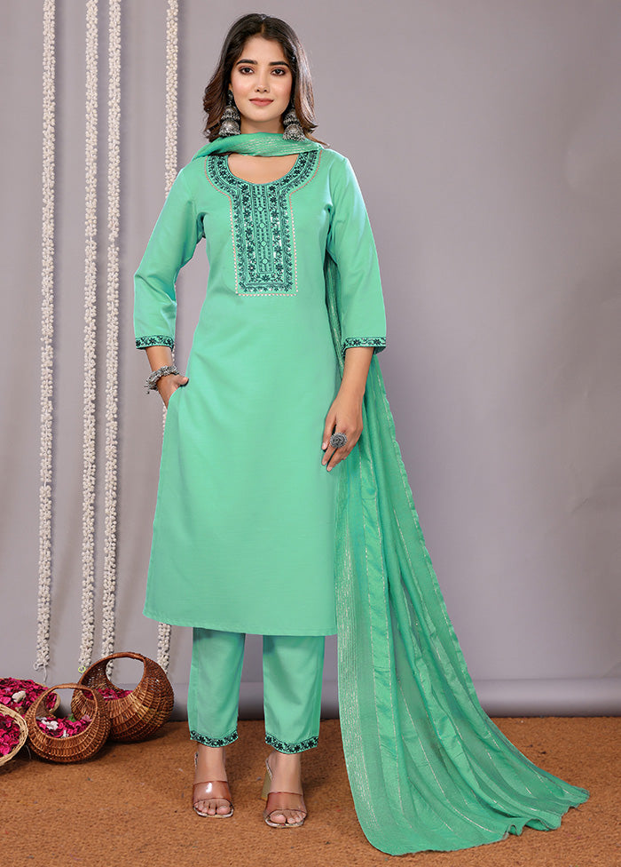 3 Pc Green Readymade Cotton Suit Set