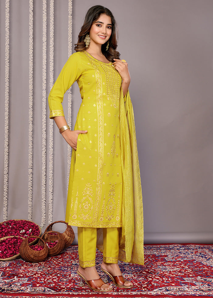 3 Pc Yellow Readymade Cotton Suit Set