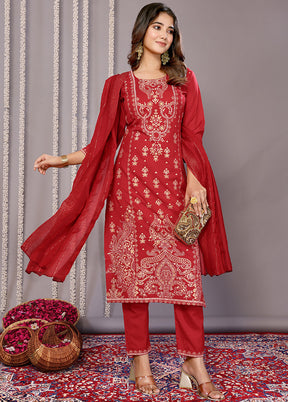 3 Pc Red Readymade Cotton Suit Set