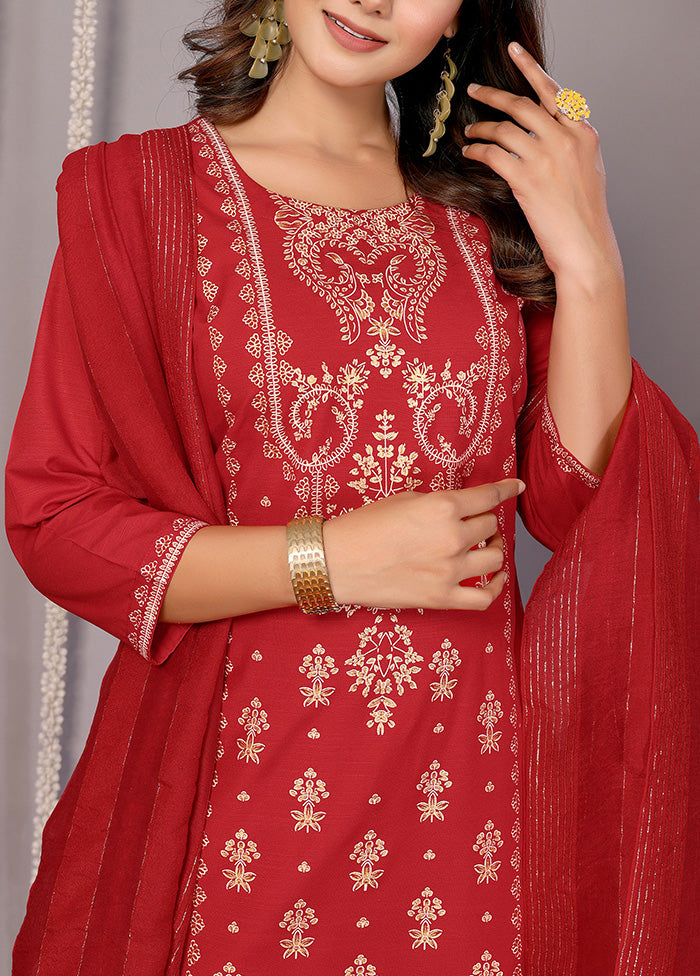 3 Pc Red Readymade Cotton Suit Set