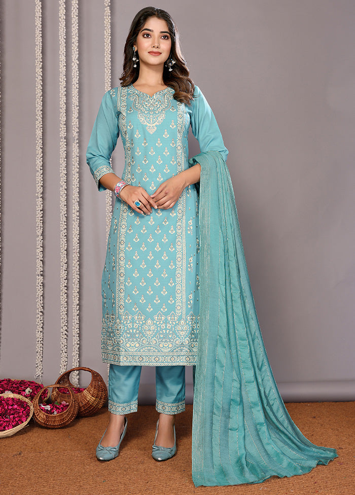 3 Pc Turquoise Blue Readymade Cotton Suit Set