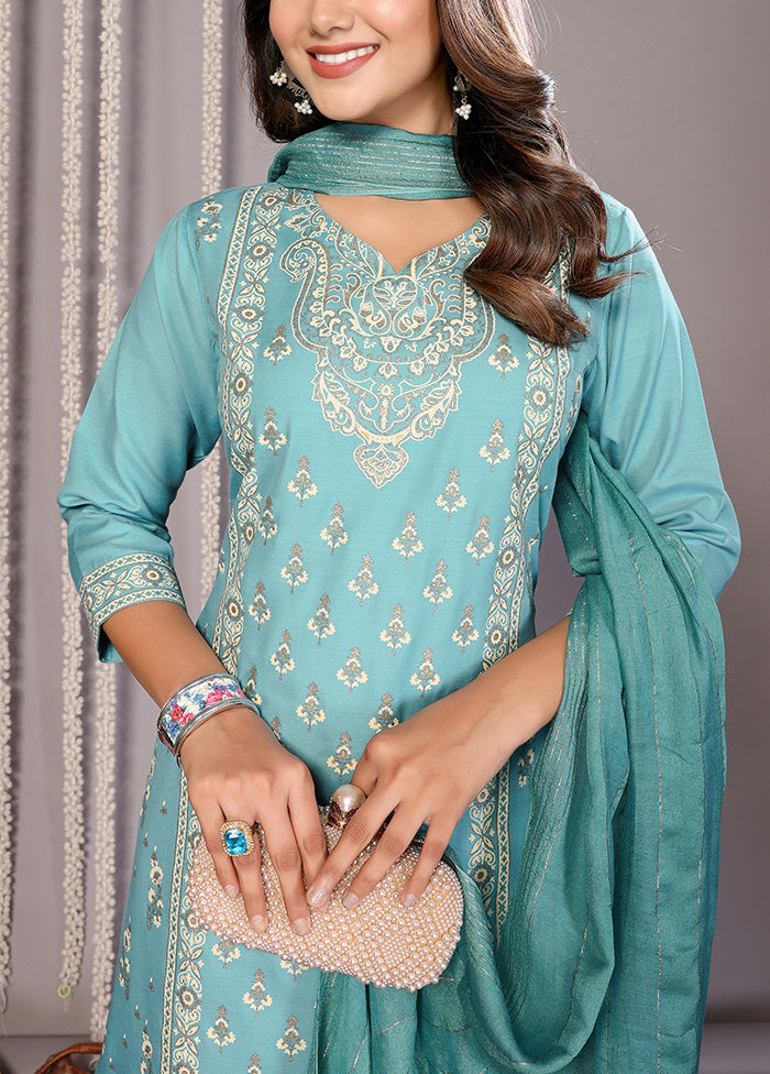 3 Pc Turquoise Blue Readymade Cotton Suit Set