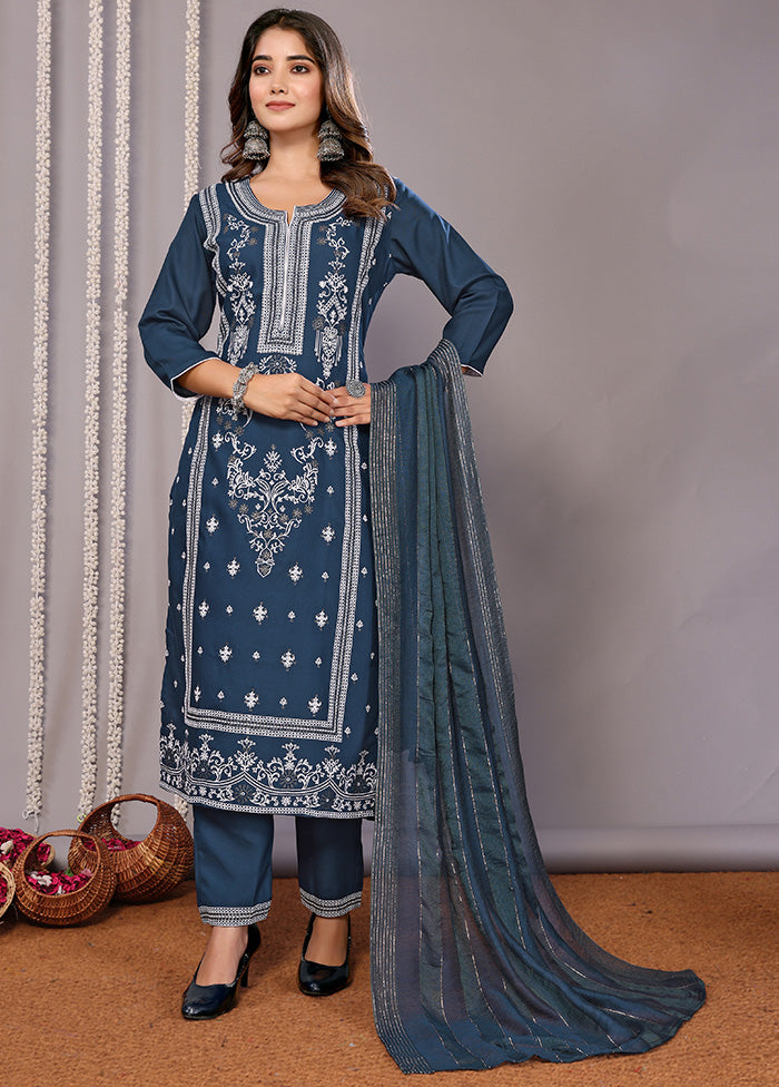 3 Pc Teal Blue Readymade Cotton Suit Set