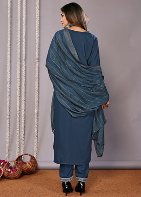 3 Pc Teal Blue Readymade Cotton Suit Set