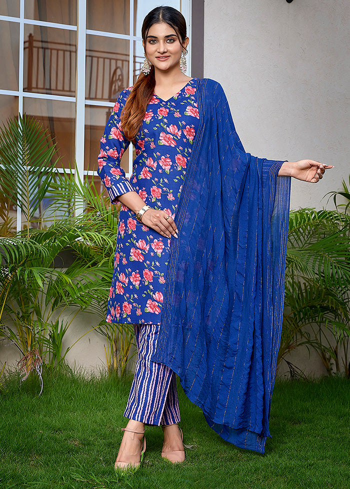 3 Pc Blue Readymade Cotton Suit Set