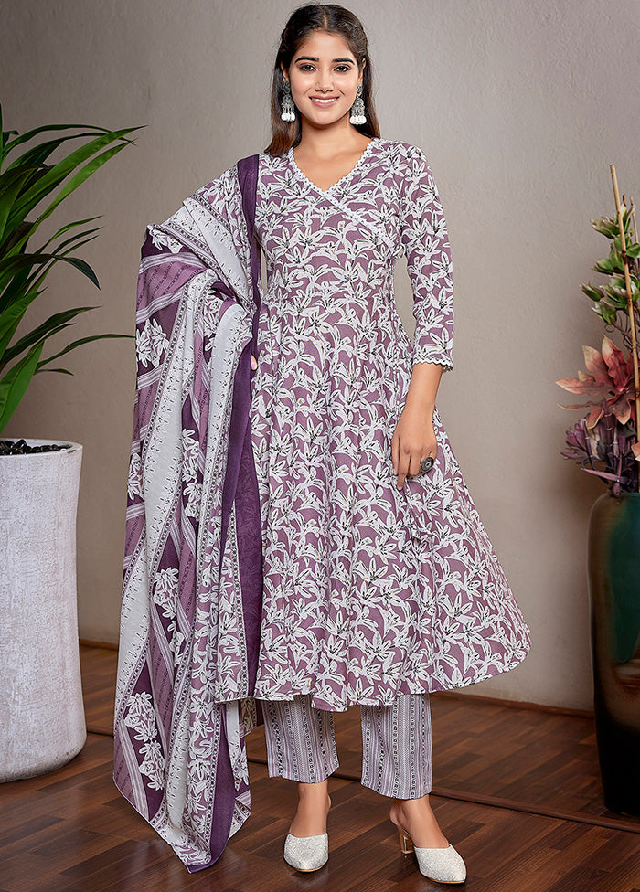 3 Pc Purple Readymade Cotton Suit Set