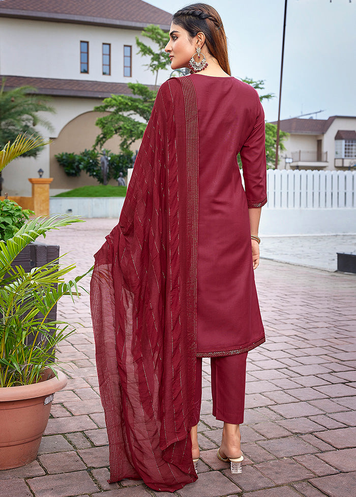 3 Pc Maroon Readymade Cotton Suit Set