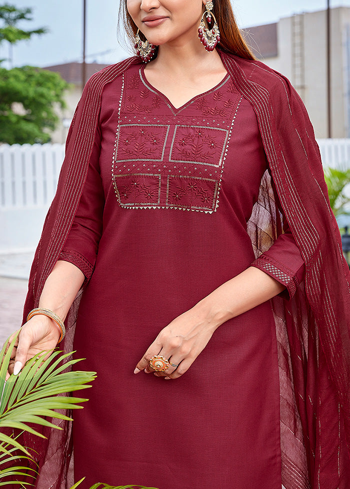 3 Pc Maroon Readymade Cotton Suit Set