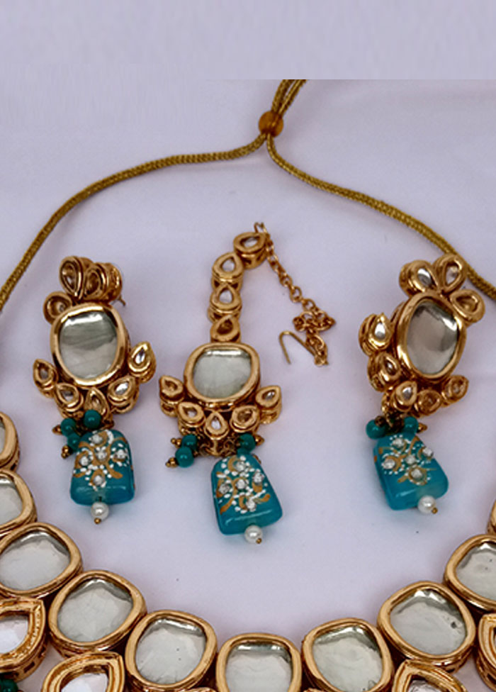 Pink And Blue Kundan Jewellery Set With Mangtika - Indian Silk House Agencies