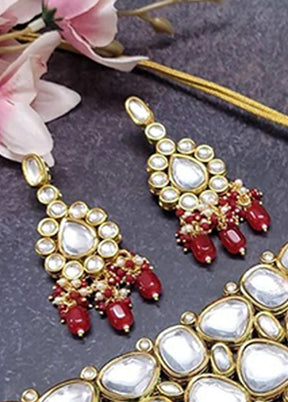 Red Kundan Polki Jewellery Set With Mangtika - Indian Silk House Agencies