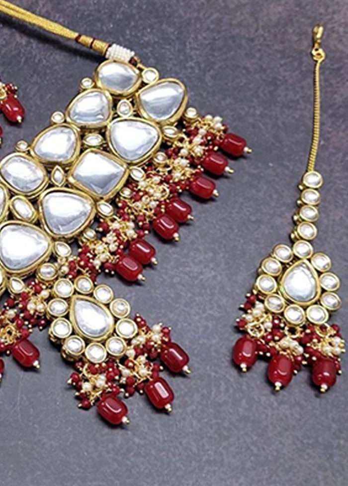 Red Kundan Polki Jewellery Set With Mangtika - Indian Silk House Agencies