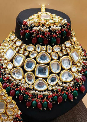 Red And Green Kundan Polki Jewellery Set With Mangtika - Indian Silk House Agencies