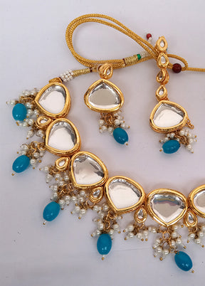 Kundan Studded Sky Blue Jewellery Set With Mangtika - Indian Silk House Agencies