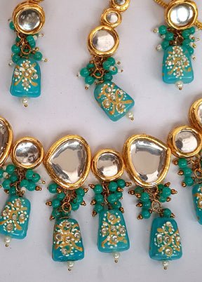 Kundan Studded Sky Blue Jewellery Set With Mangtika - Indian Silk House Agencies