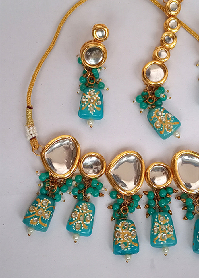 Kundan Studded Sky Blue Jewellery Set With Mangtika - Indian Silk House Agencies