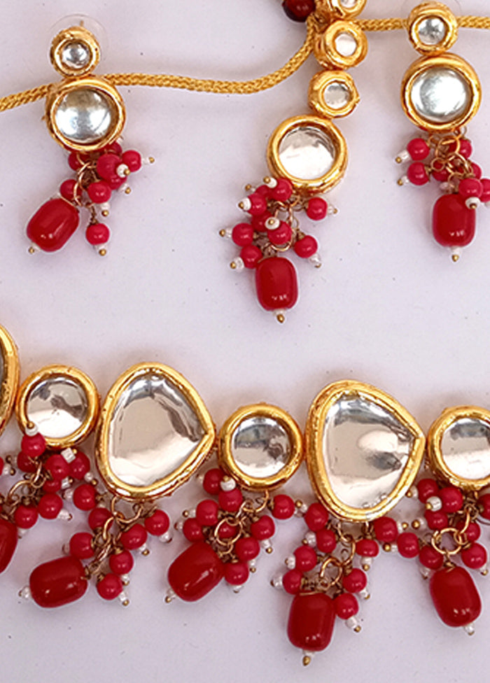 Kundan Studded Red Jewellery Set With Mangtika - Indian Silk House Agencies