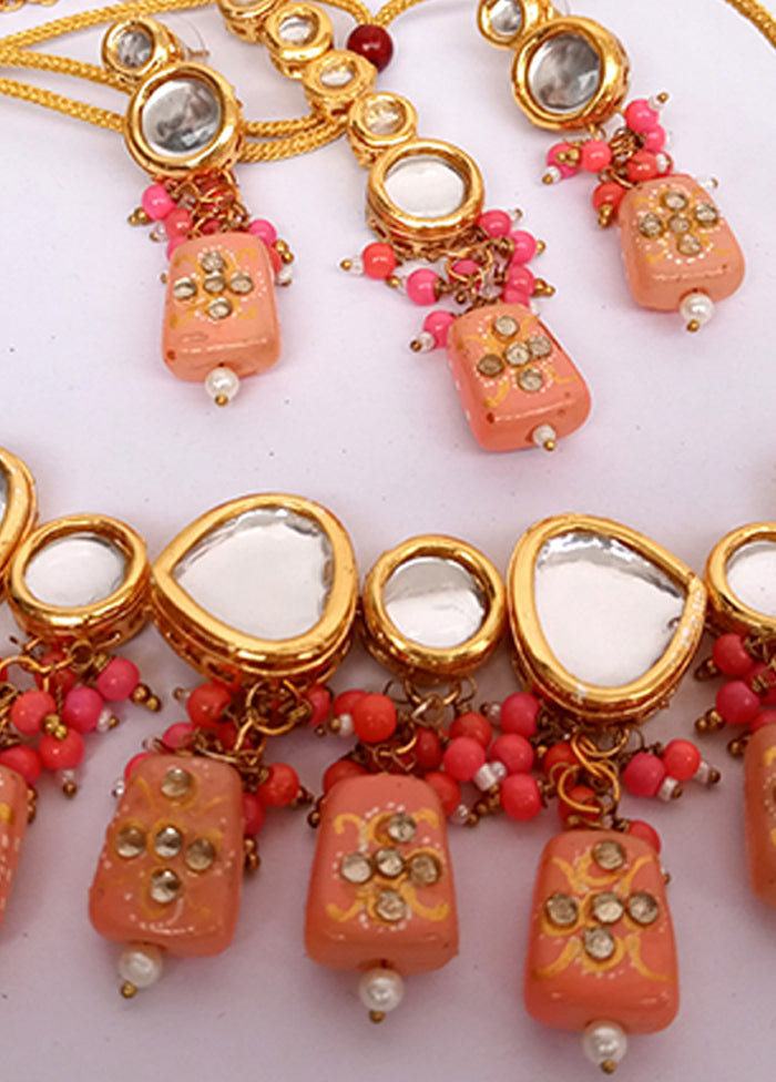 Kundan Studded Peach Jewellery Set With Mangtika - Indian Silk House Agencies