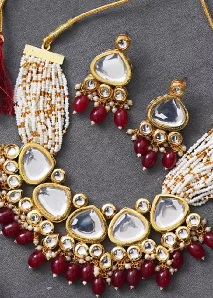 Golden Kundan Work Alloy Necklace With Earrings Set