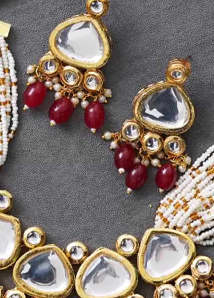 Golden Kundan Work Alloy Necklace With Earrings Set
