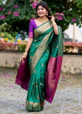 Green Banarasi Silk Saree With Blouse Piece