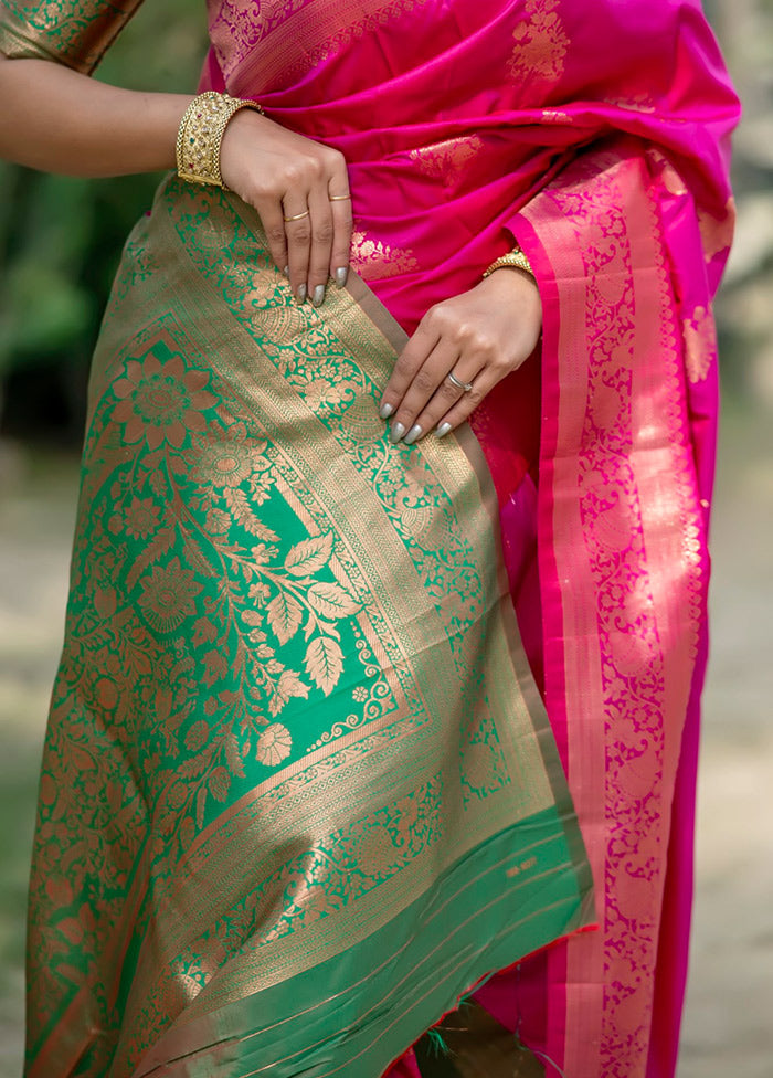 Pink Banarasi Silk Saree With Blouse Piece