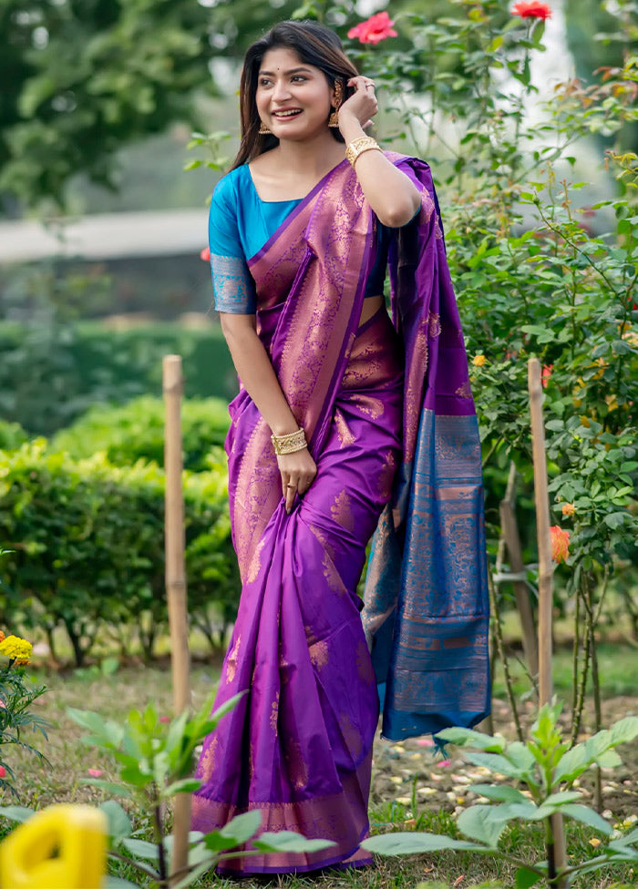 Purple Banarasi Silk Saree With Blouse Piece