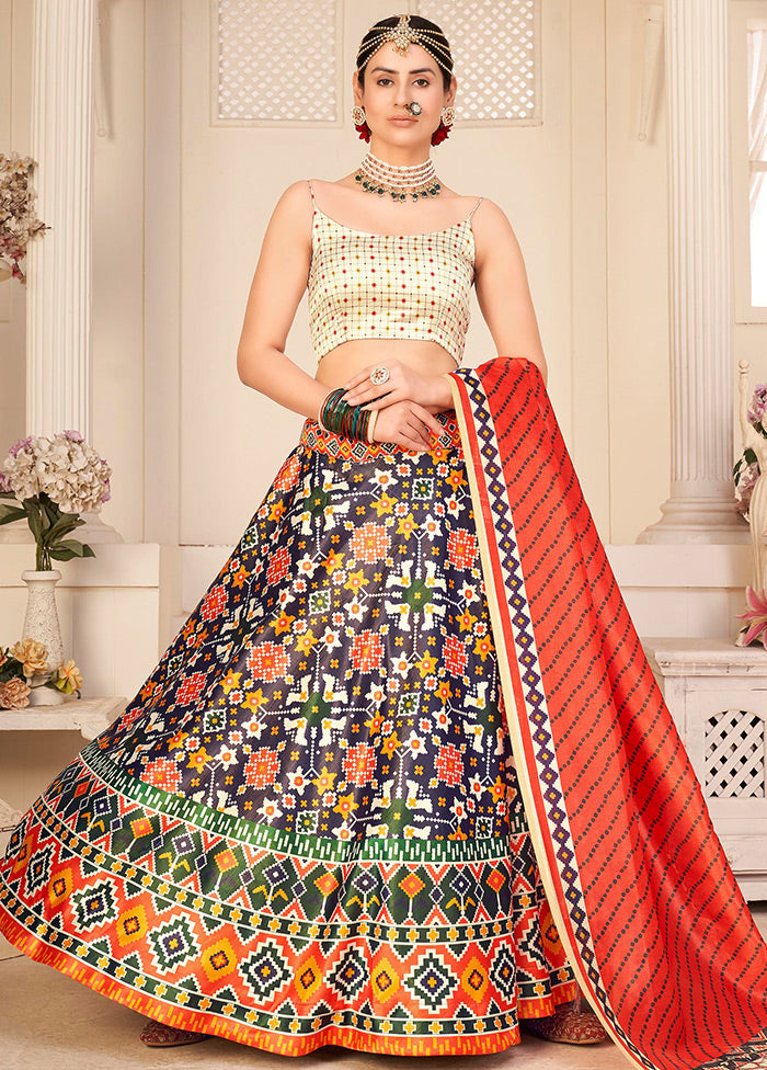 3 Pc Blue Semi Stitched Rera Silk Printed Lehenga Set - Indian Silk House Agencies