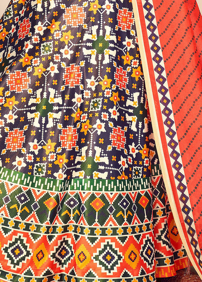 3 Pc Blue Semi Stitched Rera Silk Printed Lehenga Set - Indian Silk House Agencies
