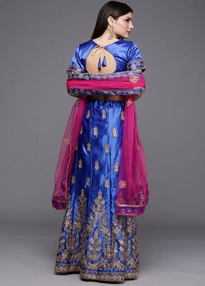 Royal Blue And Pink Semi Stitched Silk Lehenga Set With Blouse Piece And Dupatta - Indian Silk House Agencies