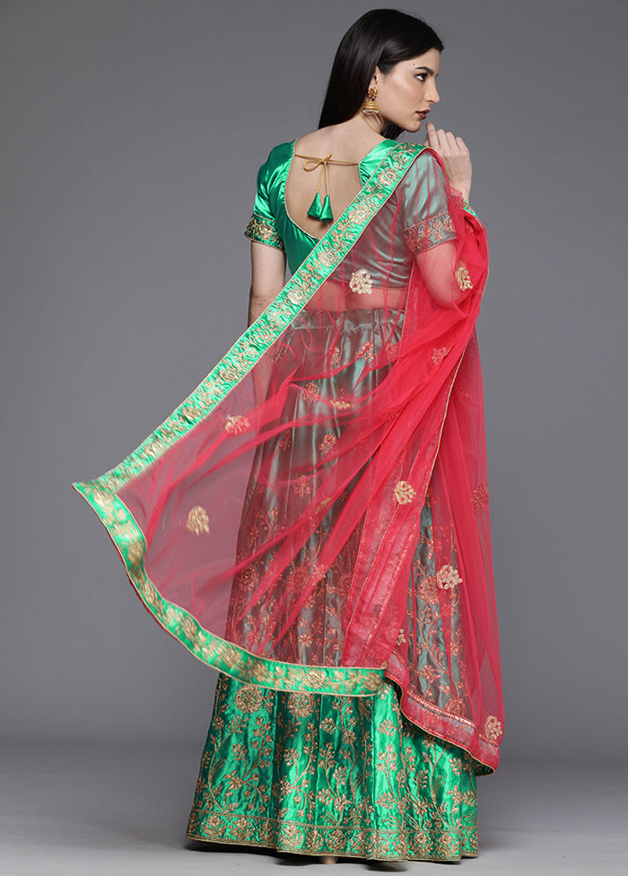 Green And Red Semi Stitched Silk Lehenga Set With Blouse Piece And Dupatta - Indian Silk House Agencies