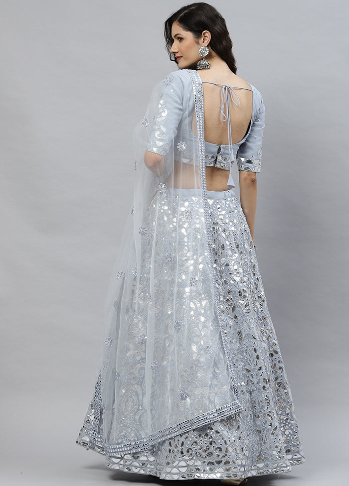 Powder Blue Semi Stitched Georgette Lehenga Set With Blouse Piece And Dupatta - Indian Silk House Agencies