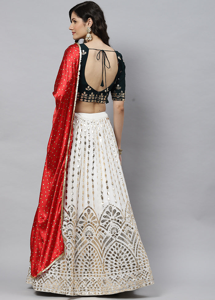 White Semi Stitched Georgette Lehenga Set With Blouse Piece And Dupatta - Indian Silk House Agencies