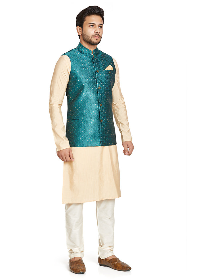 Turquoise Printed Silk Ethnic Jacket VDAC69258 - Indian Silk House Agencies
