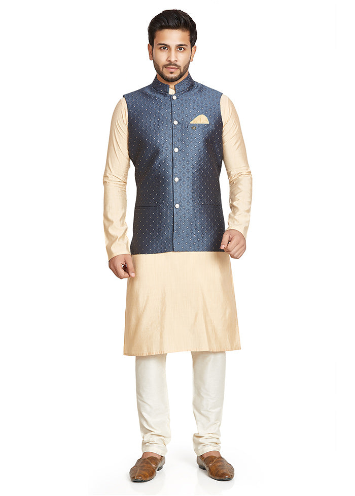 Navy Blue Printed Silk Ethnic Jacket VDAC69259 - Indian Silk House Agencies