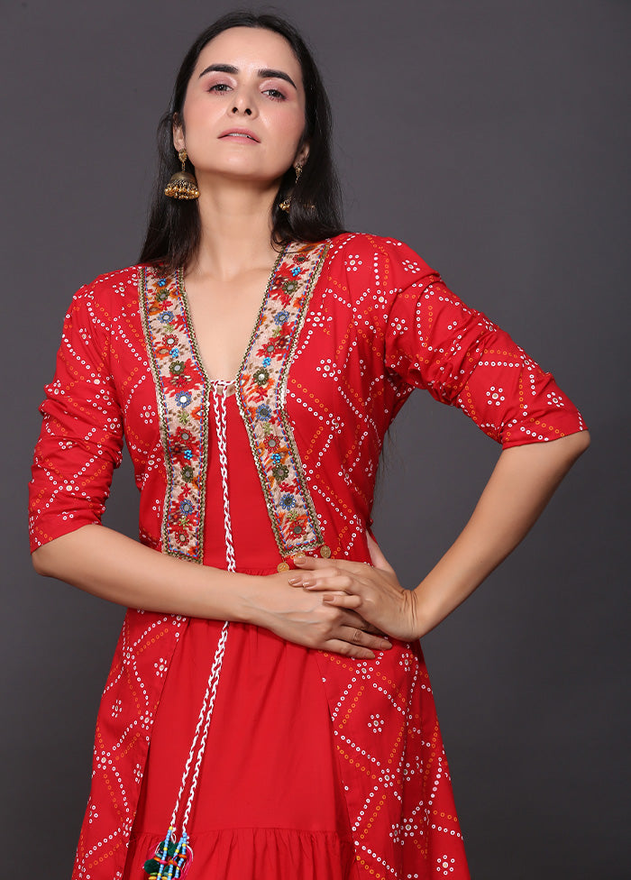 Red Readymade Cotton With Jacket Indian Dress - Indian Silk House Agencies