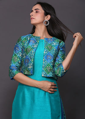 3 Pc Blue Readymade Silk Jacket Suit Set - Indian Silk House Agencies