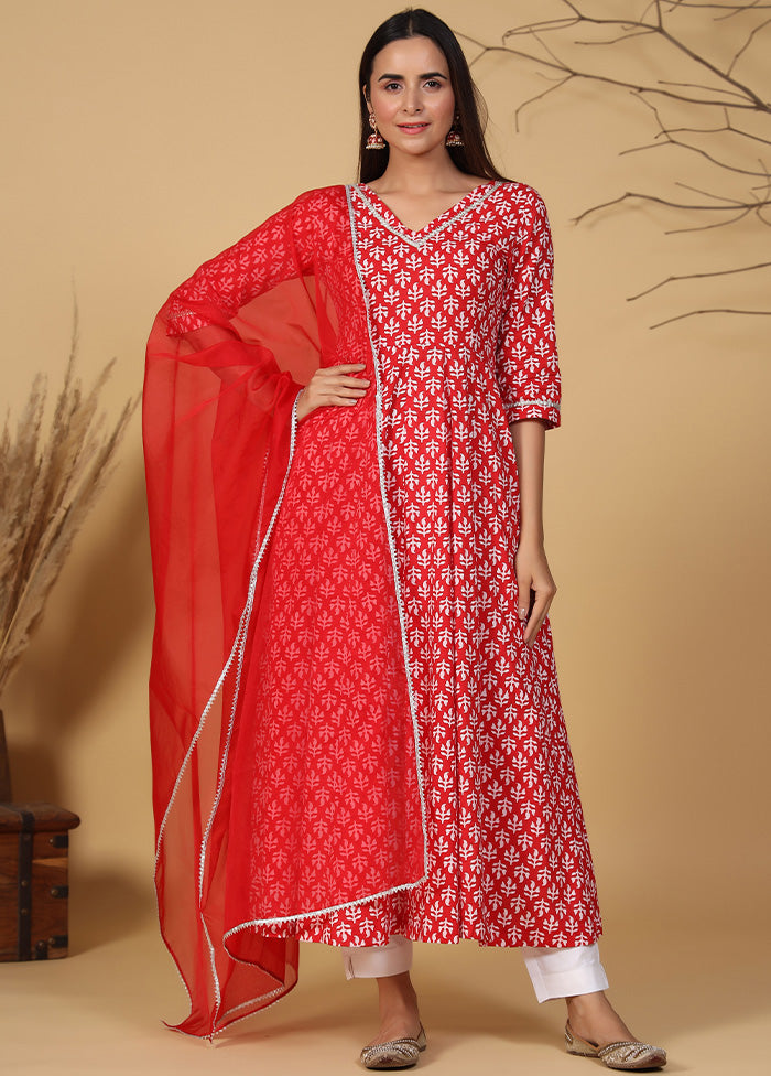 3 Pc Red Readymade Cotton Suit Set
