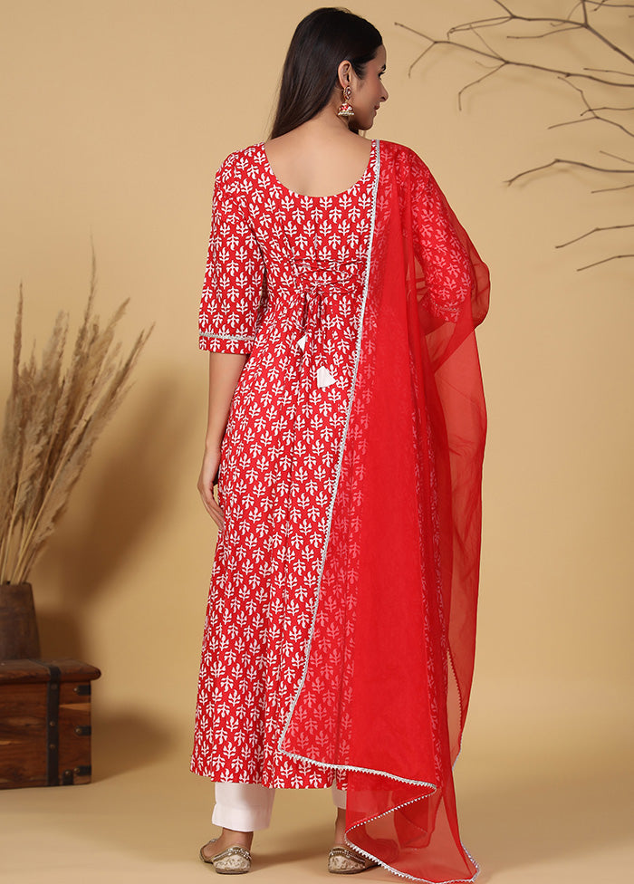 3 Pc Red Readymade Cotton Suit Set