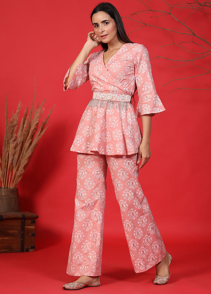 3 Pc Baby Pink Readymade Cotton Top And Belt Suit Set - Indian Silk House Agencies