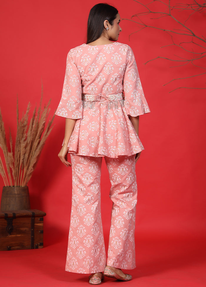 3 Pc Baby Pink Readymade Cotton Top And Belt Suit Set - Indian Silk House Agencies