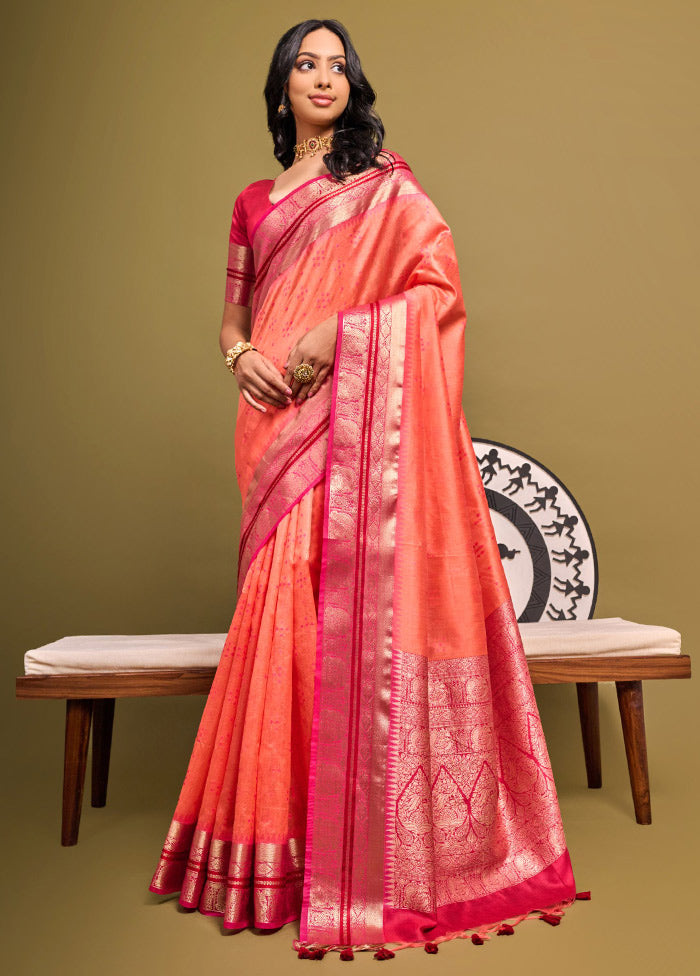 Peach Dupion Silk Saree With Blouse Piece