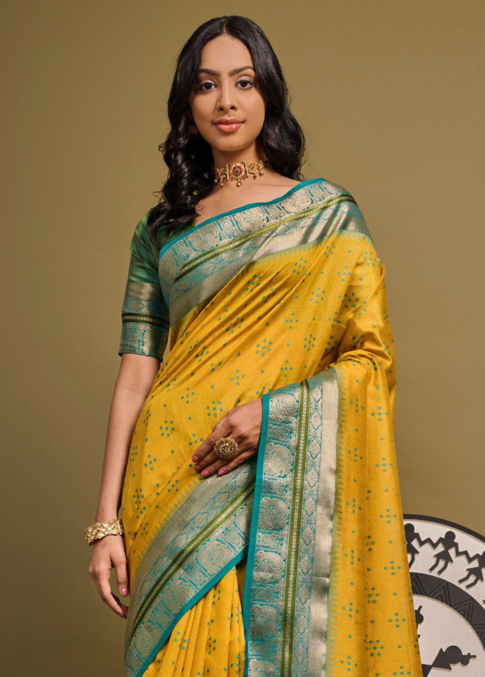 Yellow Dupion Silk Saree With Blouse Piece