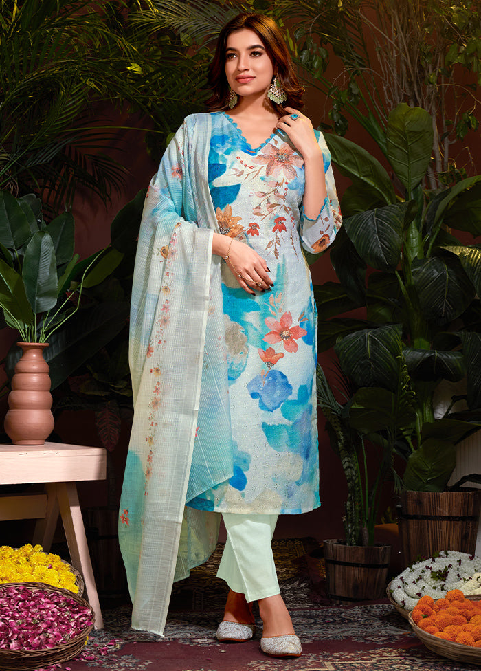 3 Pc Sky Blue Pure Readymade Cotton Suit Set