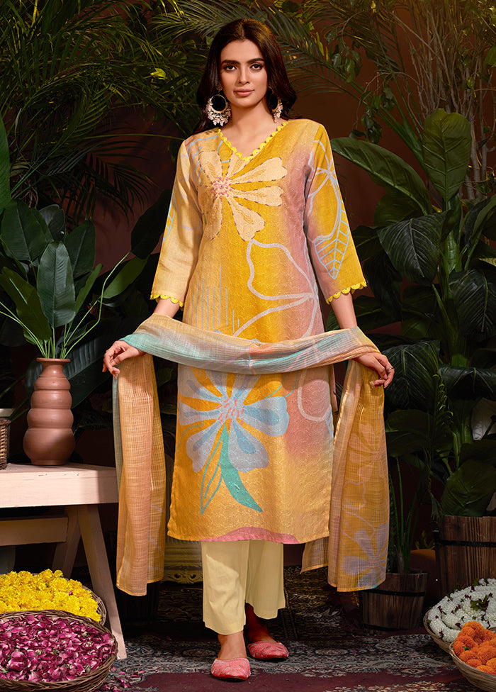 3 Pc Mustard Pure Readymade Cotton Suit Set